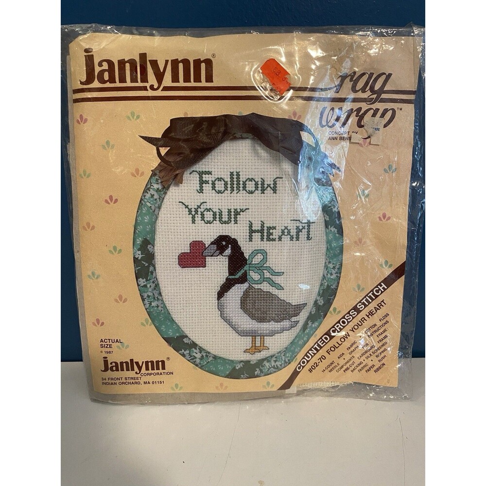 VTG Goose Cross Stitch Kit “Follow Your Heart" 1987 Sz 5x6" Cottage Core Janlynn
